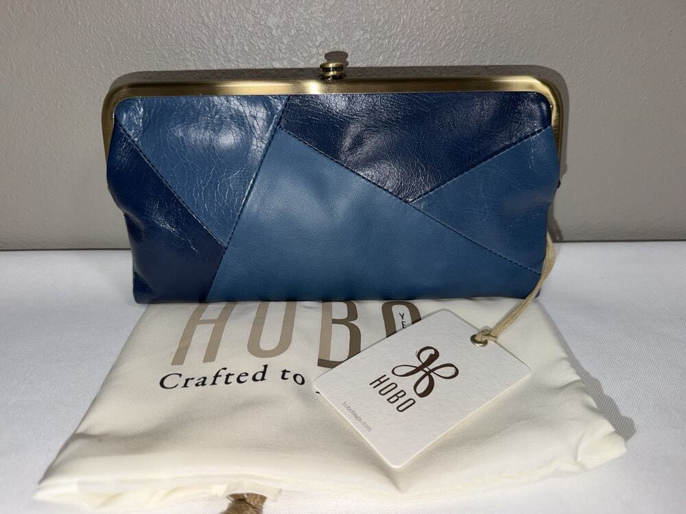 Hobo International Lauren Double Frame Wallet Clutch Riviera Blue Shades Patches